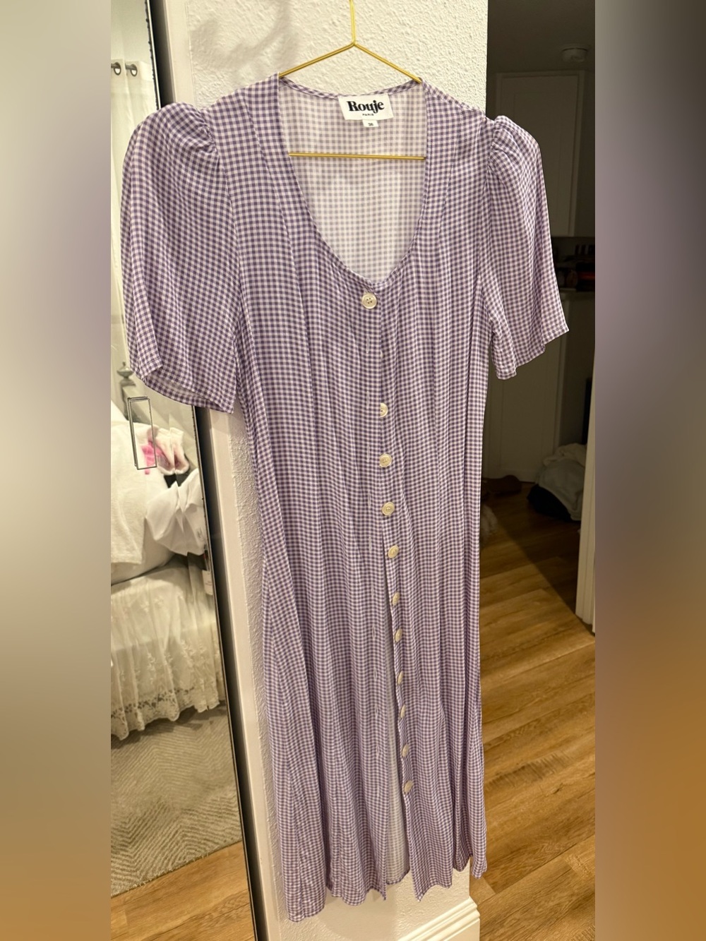 Rouje Lilac Gingham Button-Front Midi Dress